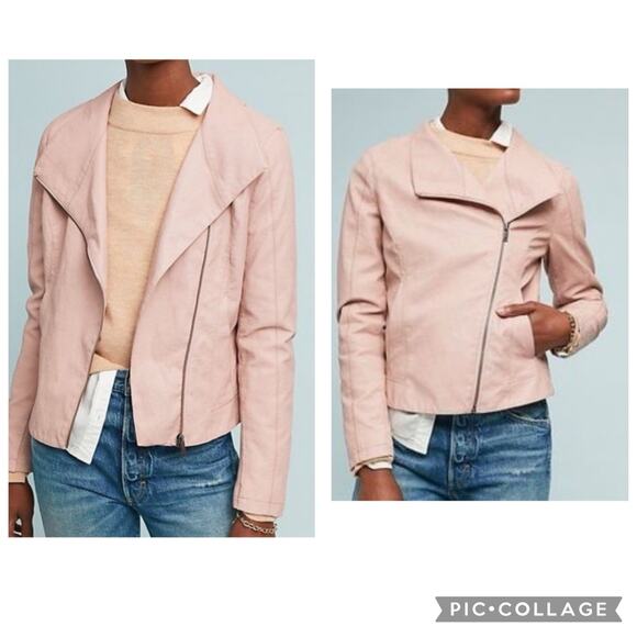 Anthropologie ETT:TWA Ripley Light Pink Faux Leather Moto Jacket SP Vegan Ribbed - Picture 1 of 16